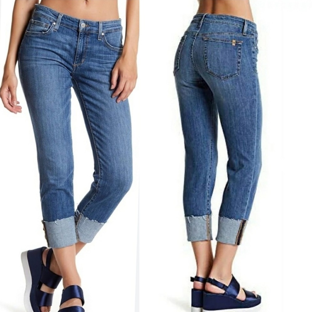 Joe’s Jeans Nastasha Size 28 Cuffed Cropped Jeans Blue Stretch Denim Frayed Hem